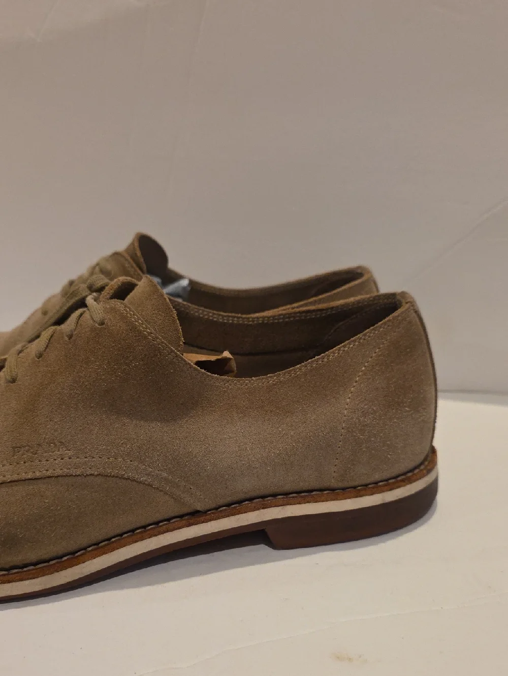 Prada Men's Suede Nubuck Buck Derby Shoes in Light Taupe Size 8